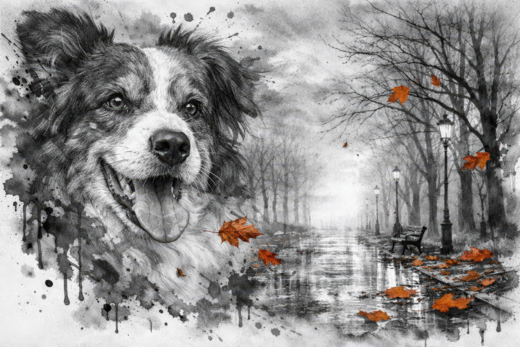 Künstlerisches Schwarz-Weiß-Tusche-Aquarell eines Australian Shepherds mit herbstlicher Parkallee, nassem Boden, Laternen und fallenden orangefarbenen Blättern in melancholischer Stimmung.